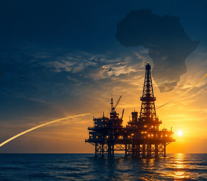 An offshore energy platform silhouetted against a gold sunset at sea, with a faint outline of Africa in the sky